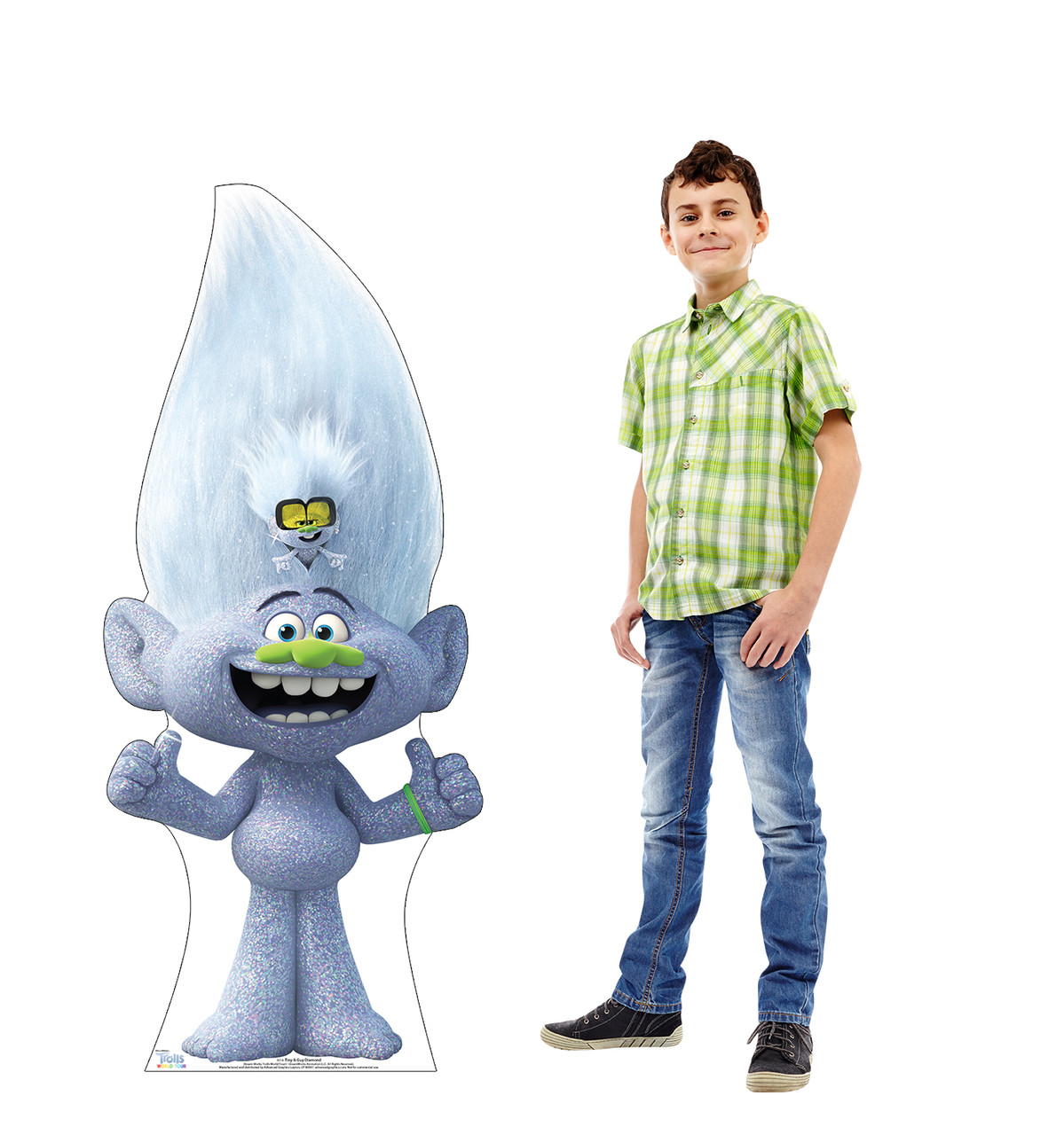 Life-size cardboard standee of Tiny and Guy Diamond from Trolls World Tour with model.