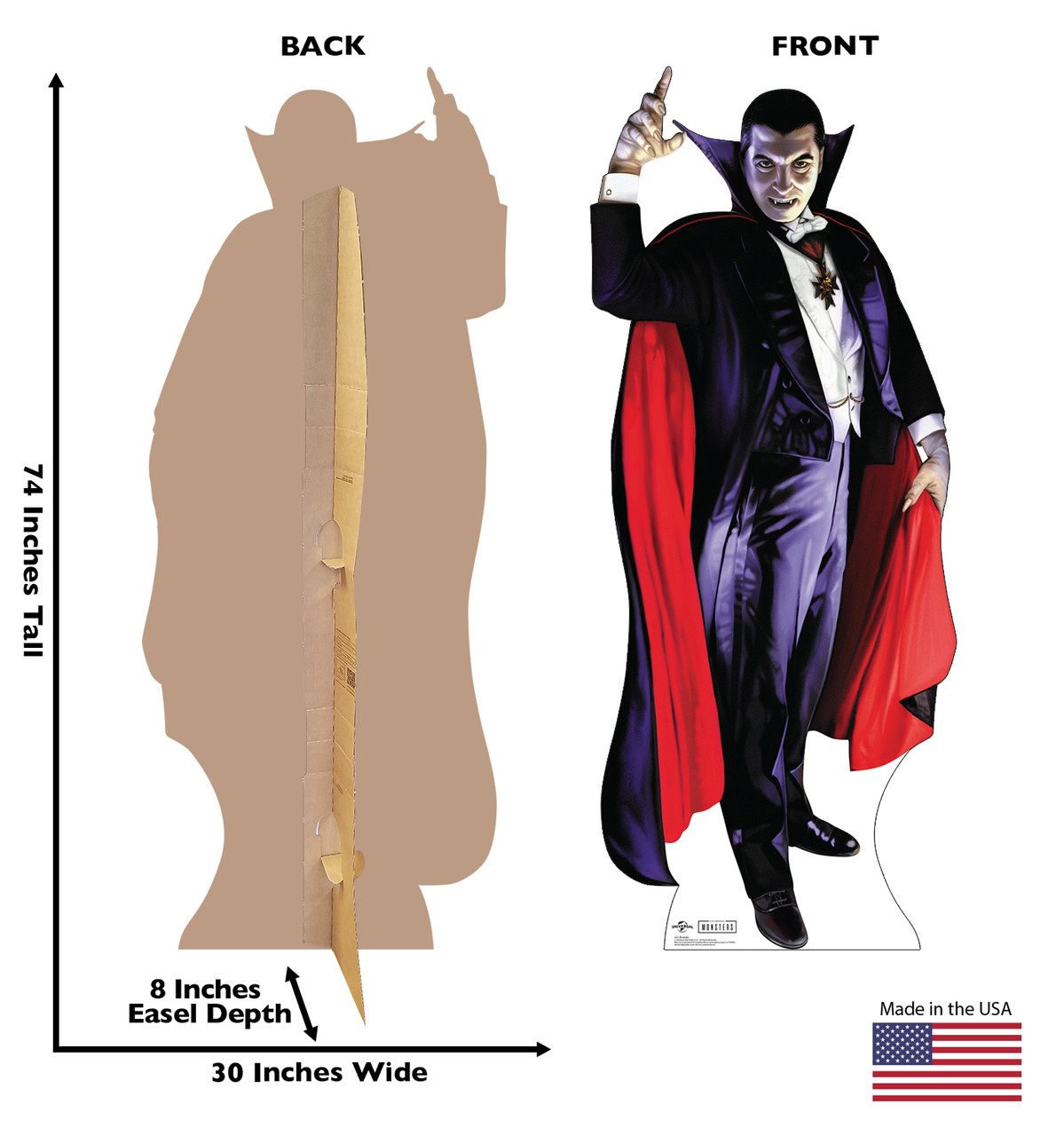 Life-size cardboard standee of Dracula from Universals Monsters Collection with front and back dimensions.