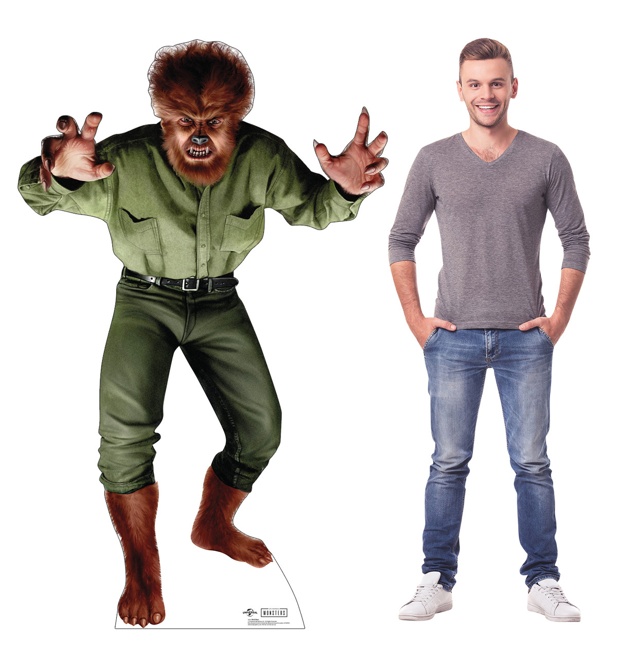 Life-size cardboard standee of Wolf Man from Universals Monsters Collection with model.