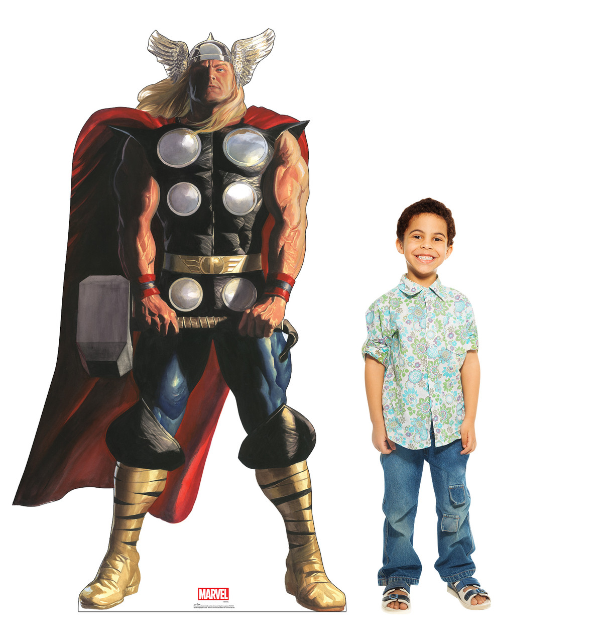 Life-size cardboard standee of Thor from Marvels Timeless Collection with model.