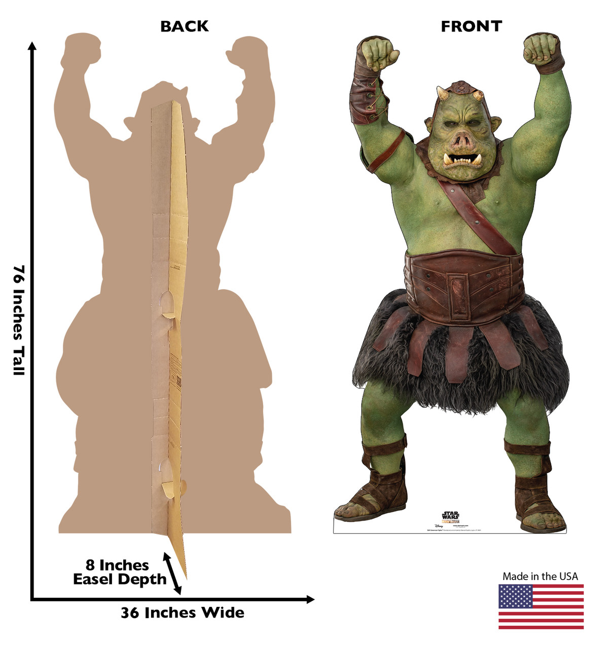 Life-size cardboard standee of a Gamorrean Fighter from the Mandalorian season 2 with back and front dimensions.