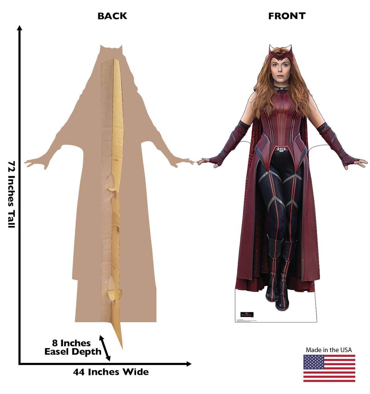 Life-size cardboard standee of the Scarlet Witch from the new Disney + series WandaVision with back and front dimensions.