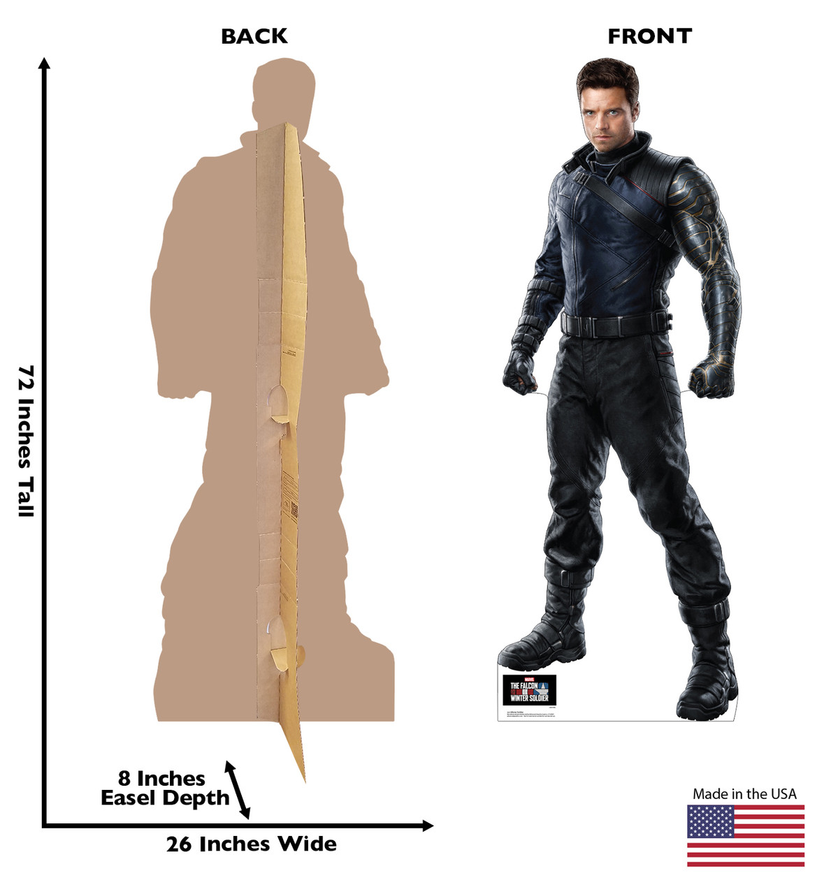 Life-size cardboard standee of Winter Soldier with front and back dimensions.