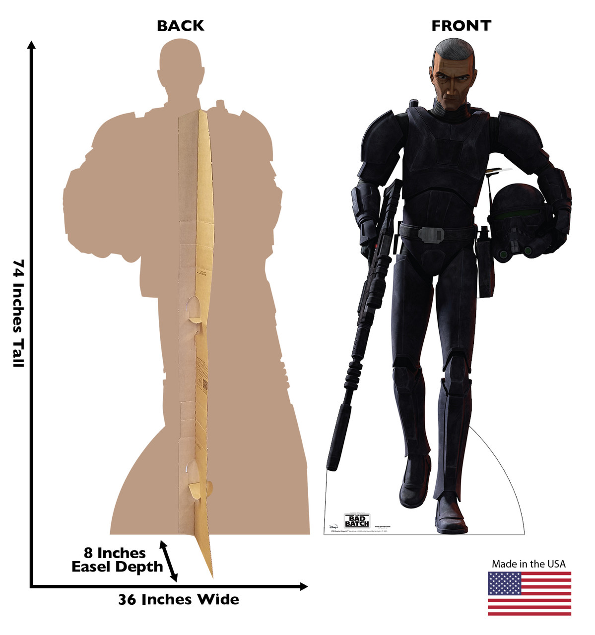 Life-size cardboard standee of Crosshair (Imperial) from The Bad Batch on Disney+ with front and back dimensions.