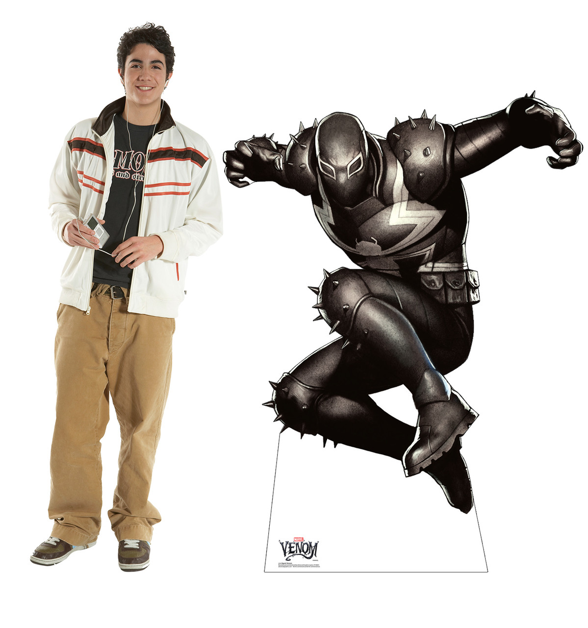 Life-size cardboard standee of Agent Venom from Marvel Classics with model.