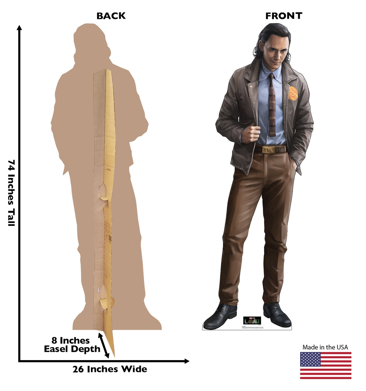 Life-size cardboard standee of Loki from Marvel/Disney+ series Loki with back and front dimensions.