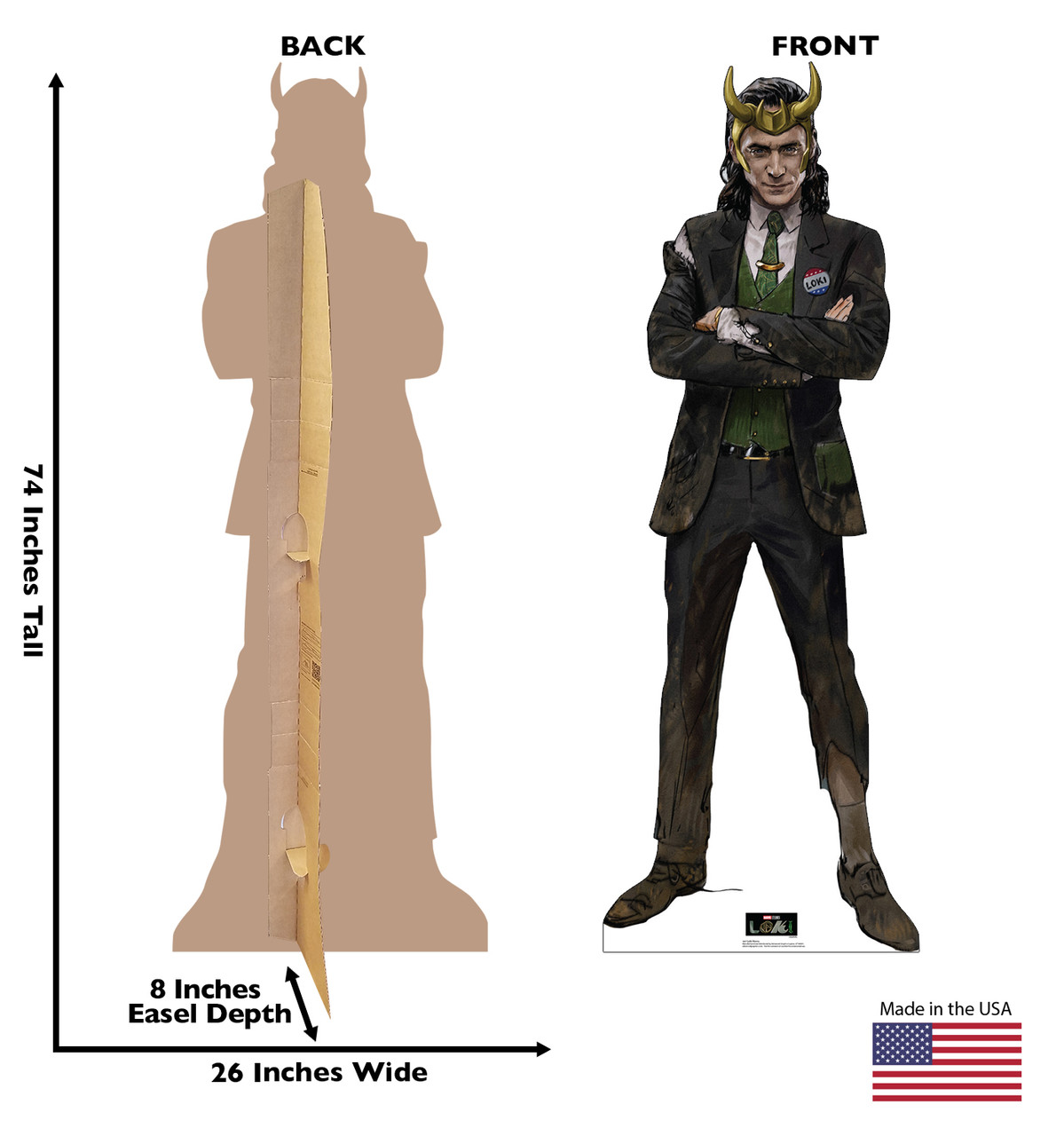 Life-size cardboard standee of Loki Horns from Marvel/Disney+ series Loki with model.