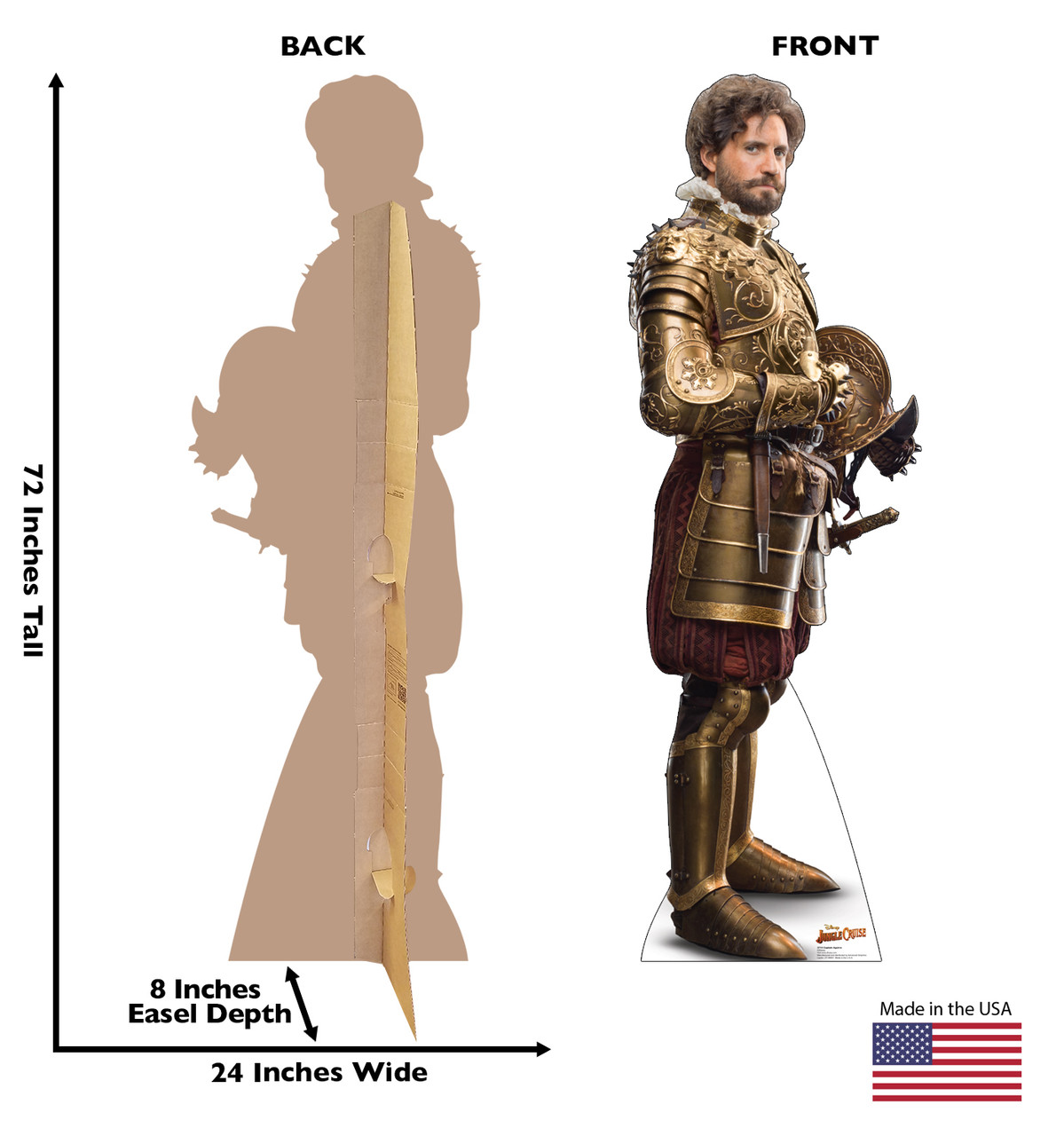 Life-size cardboard standee of Captain Aguirre from Jungle Cruise with back and front dimensions.