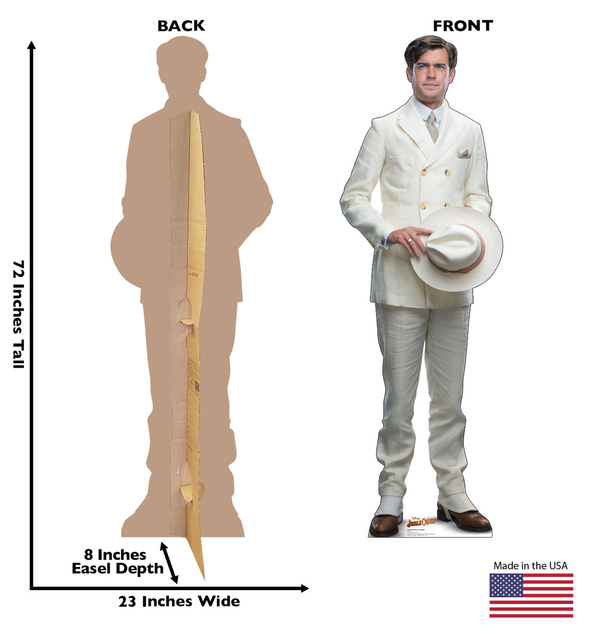 Life-size cardboard standee of MacGregor Houghton from Jungle Cruise with back and front dimensions.