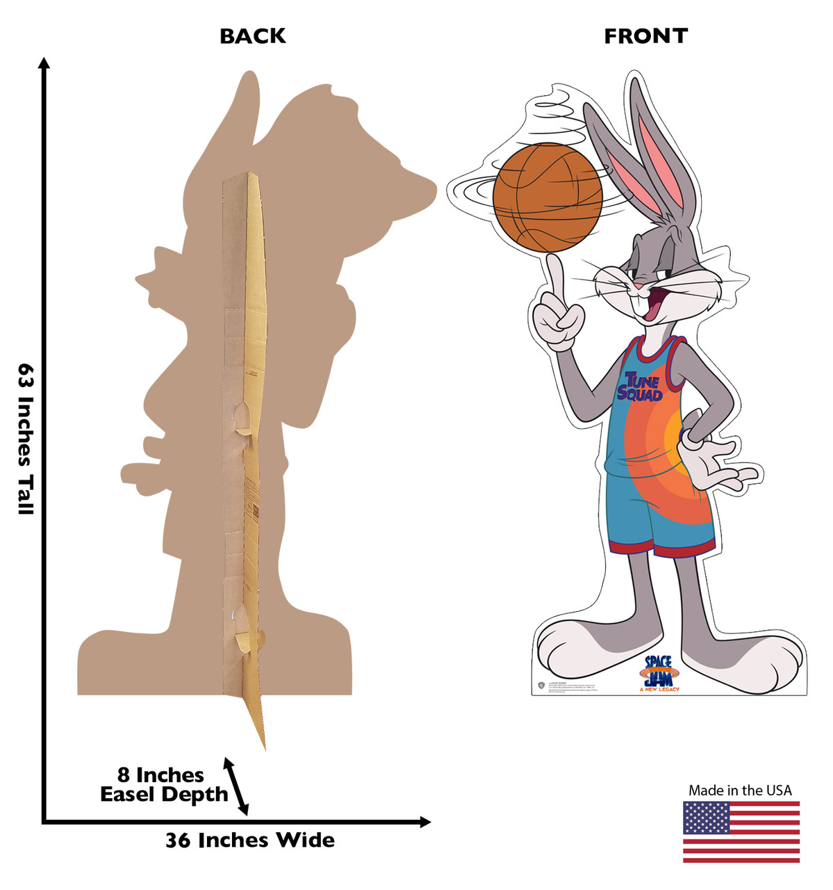 Life-size cardboard standee of Bugs Bunny from Space Jam A New Legacy with front and back dimensions.