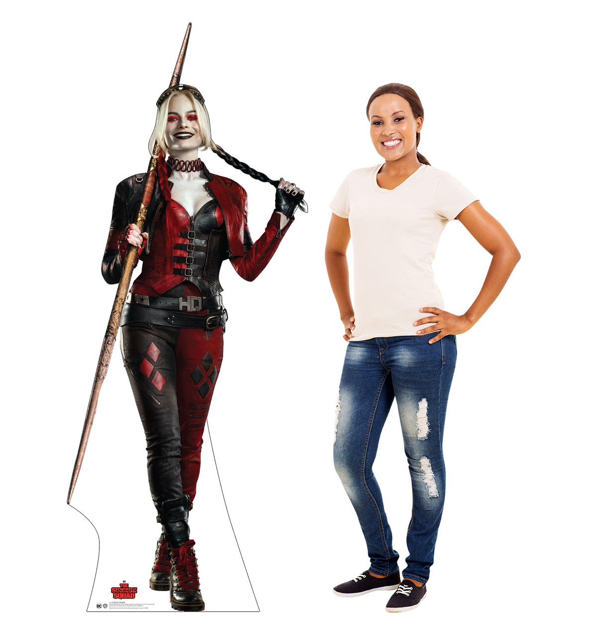 Life-size cardboard standee of Harley Quinn from Suicide Squad 2 with model.