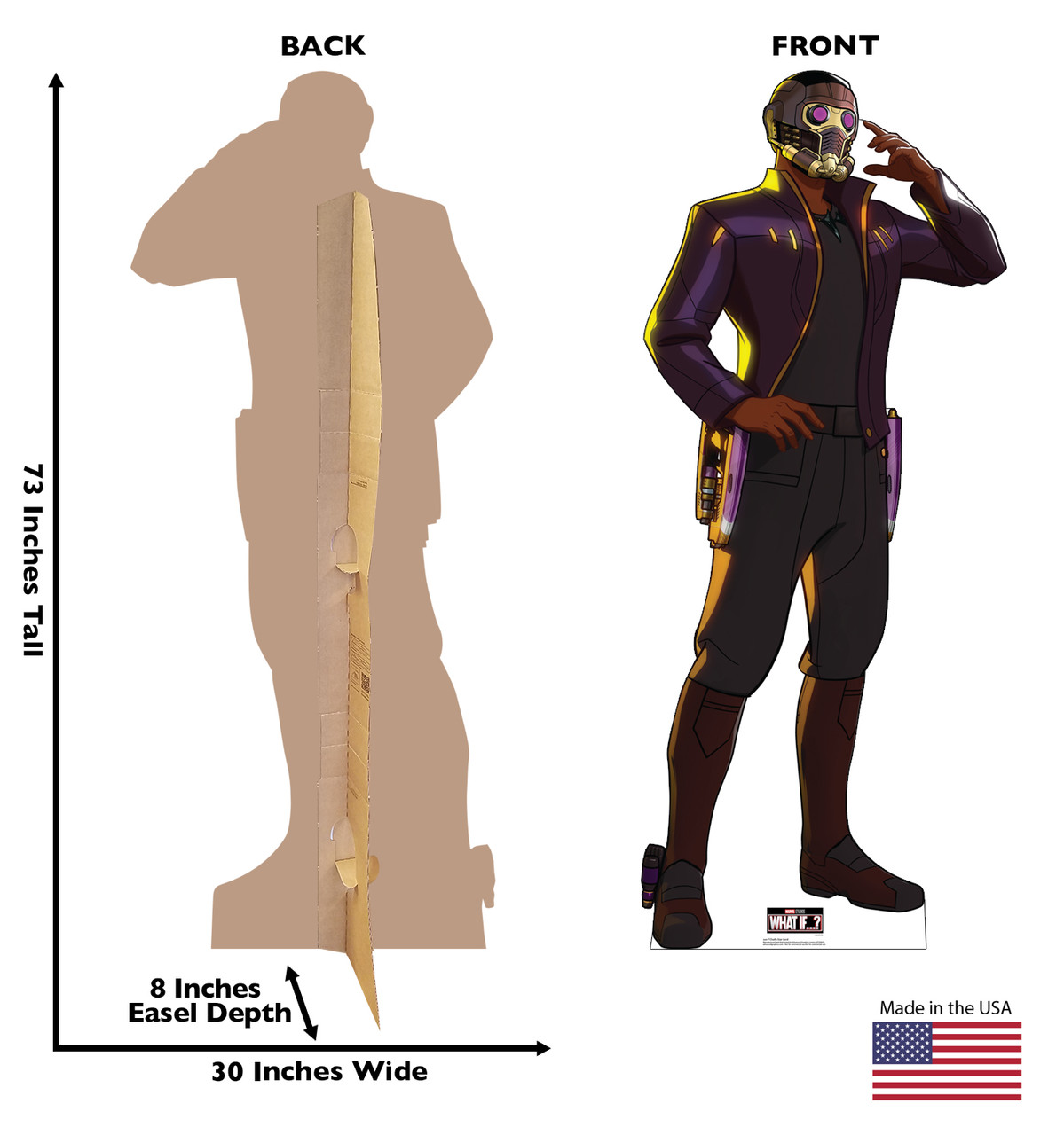 Life-size cardboard standee of T'Challa Star-Lord from Marvel Studios What if? on Disney + with front and back dimensions.