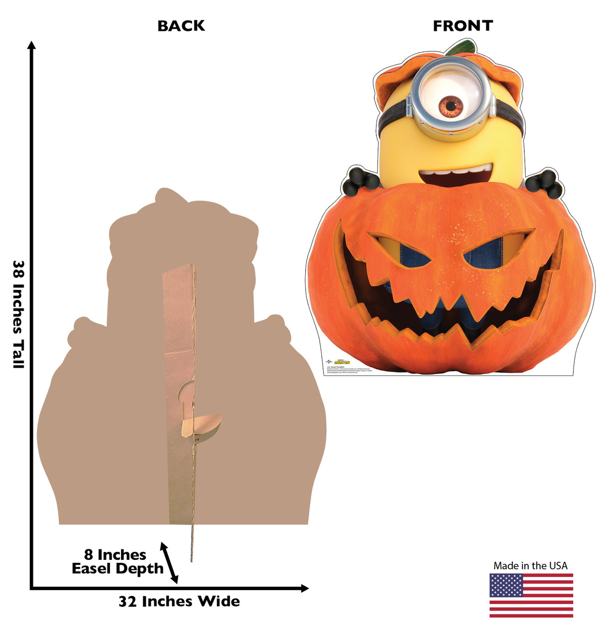 Life-size cardboard standee of Stuart in a Pumpkin from the Minions holiday collection with back and front dimensions.