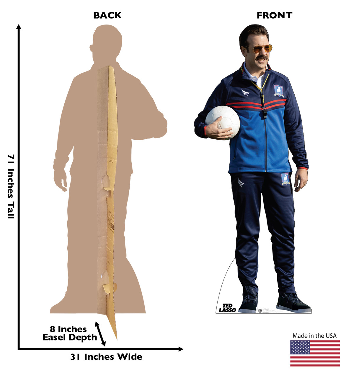 Life-size cardboard standee of Ted Lasso with front and back dimensions.