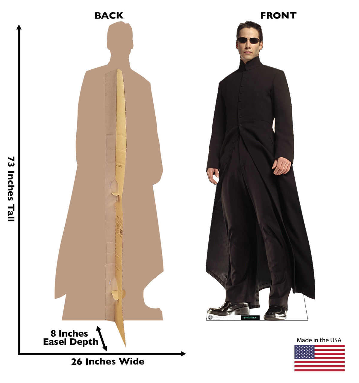 Life-size cardboard standee of Neo from the movie The Matrix with front and back dimensions.