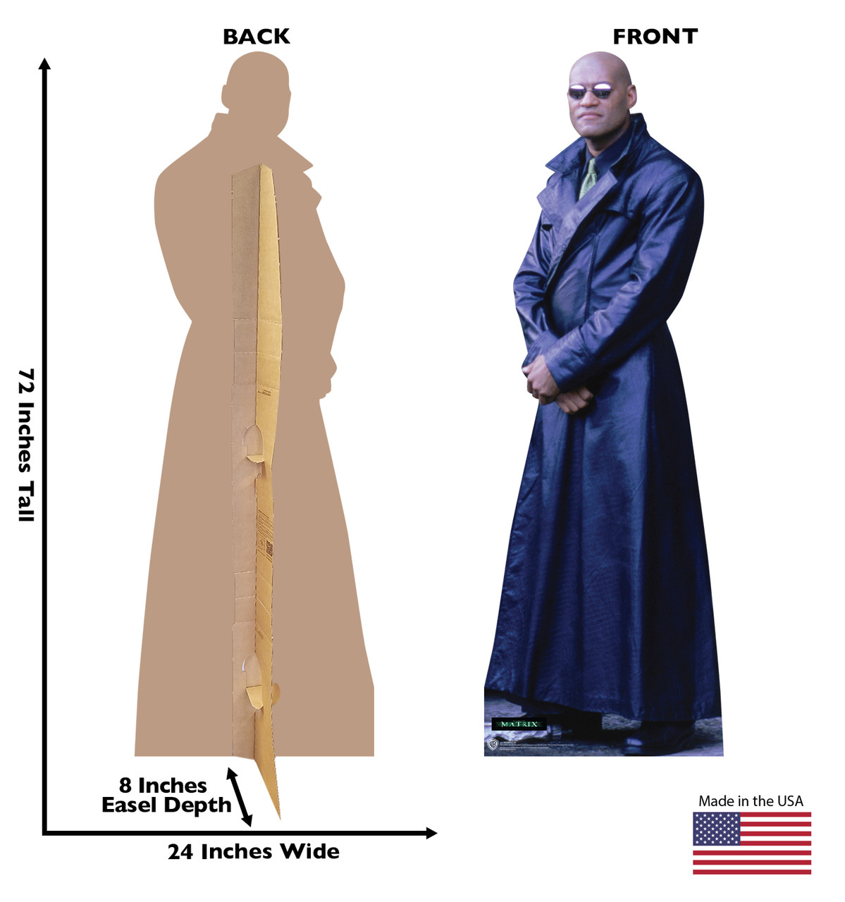 Life-size cardboard standee of Morpheus from the movie The Matrix with front and back dimensions.