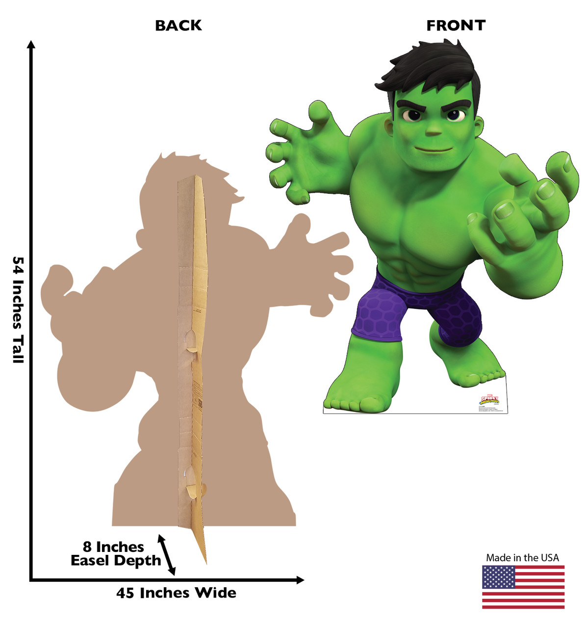 Life-size cardboard standee of Hulk with front and back dimensions.