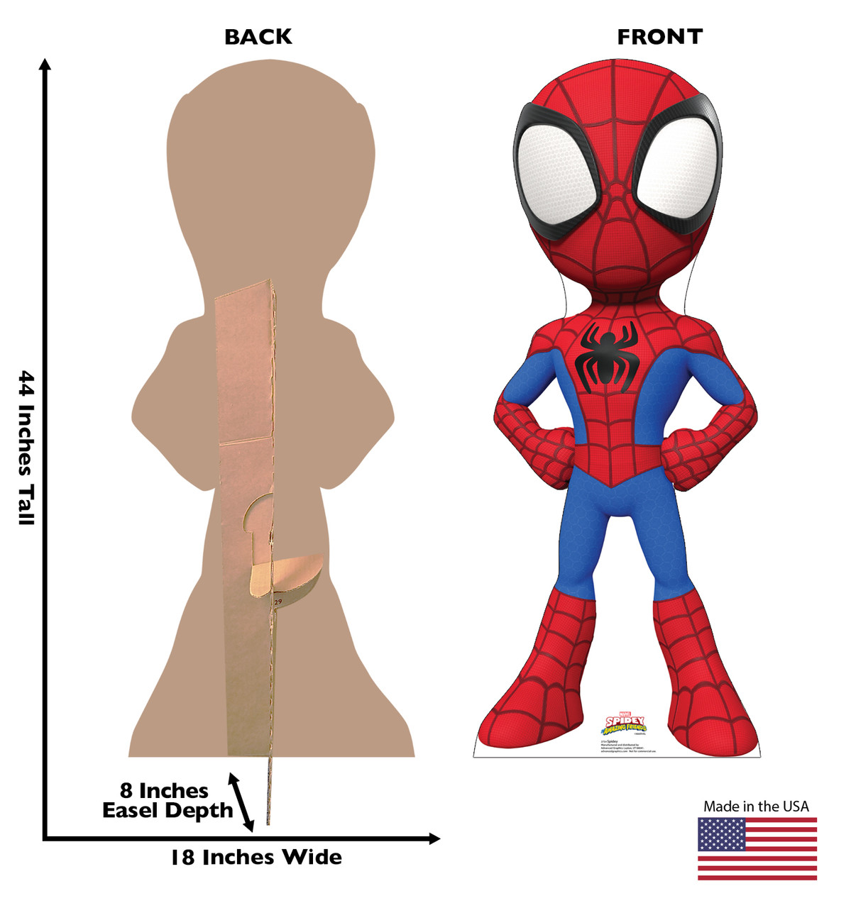 Life-size cardboard standee of Spidey with front and back dimensions.