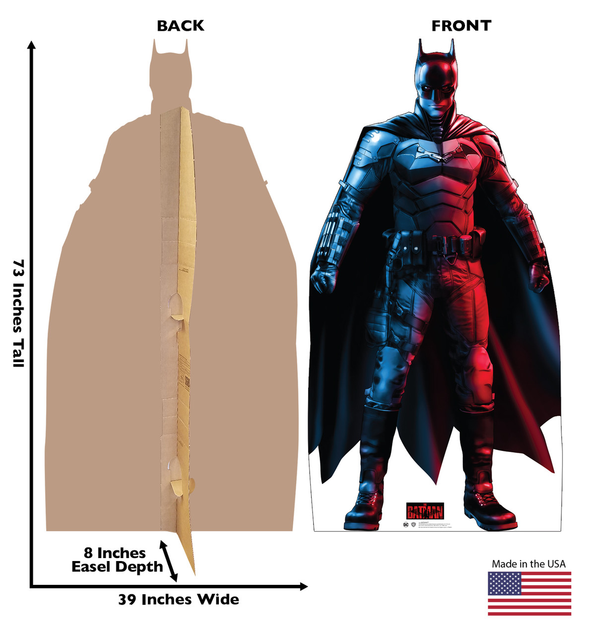 Life-size cardboard standee of Batman with front and back dimensions.