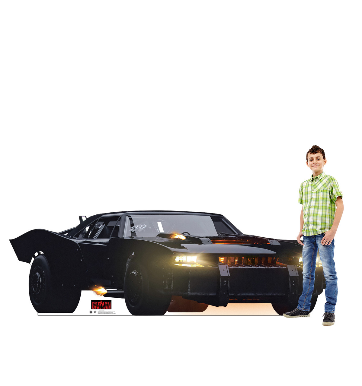 Life-size cardboard standee of the Batmobile with model.