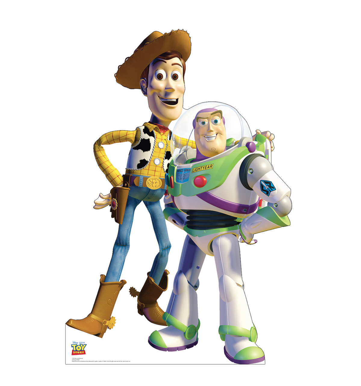 Life-size cardboard standee of Buzz and Woody from Disney's Toy Story.