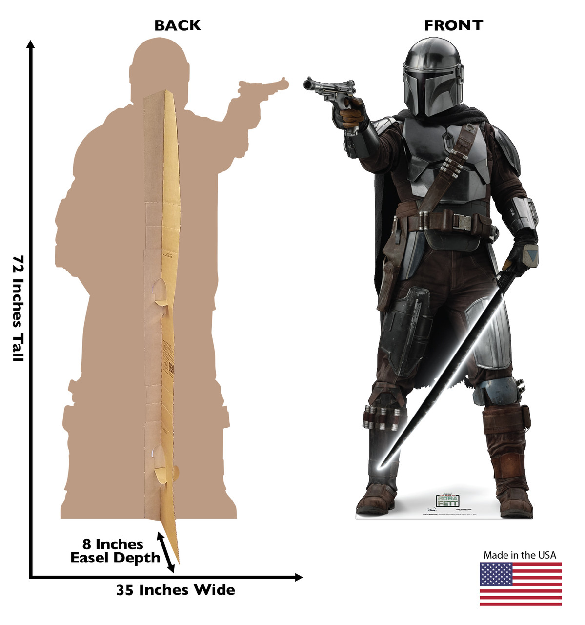 Life-size cardboard standee of The MandalorianTM from Lucas/Disney+ TV series The Book of Boba Fett with back and front dimensions.