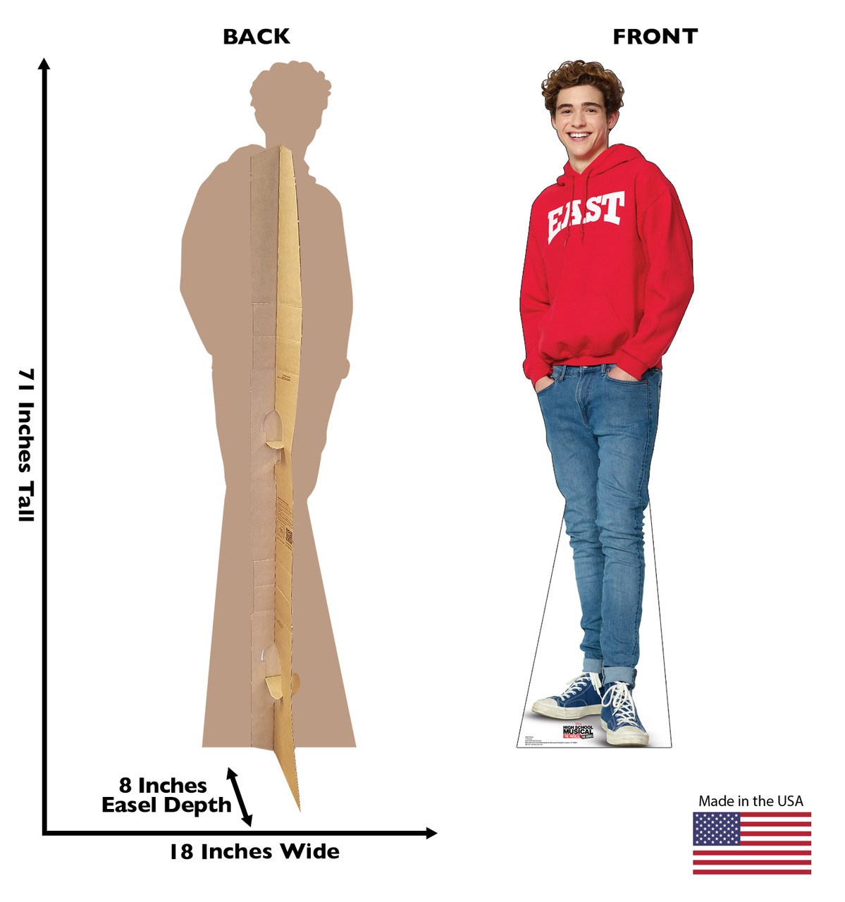 Life-size cardboard standee of Ricky from Disney + High School Musical The Series with back and front dimensions.