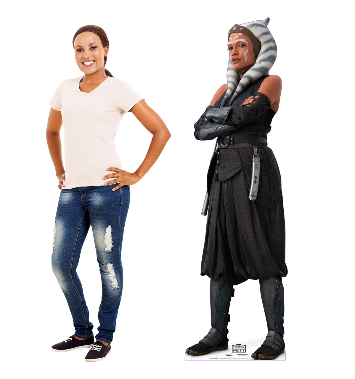 Life-size cardboard standee of Ahsoka TanoTM from Lucas/Disney+ TV series The Book of Boba Fett with model.