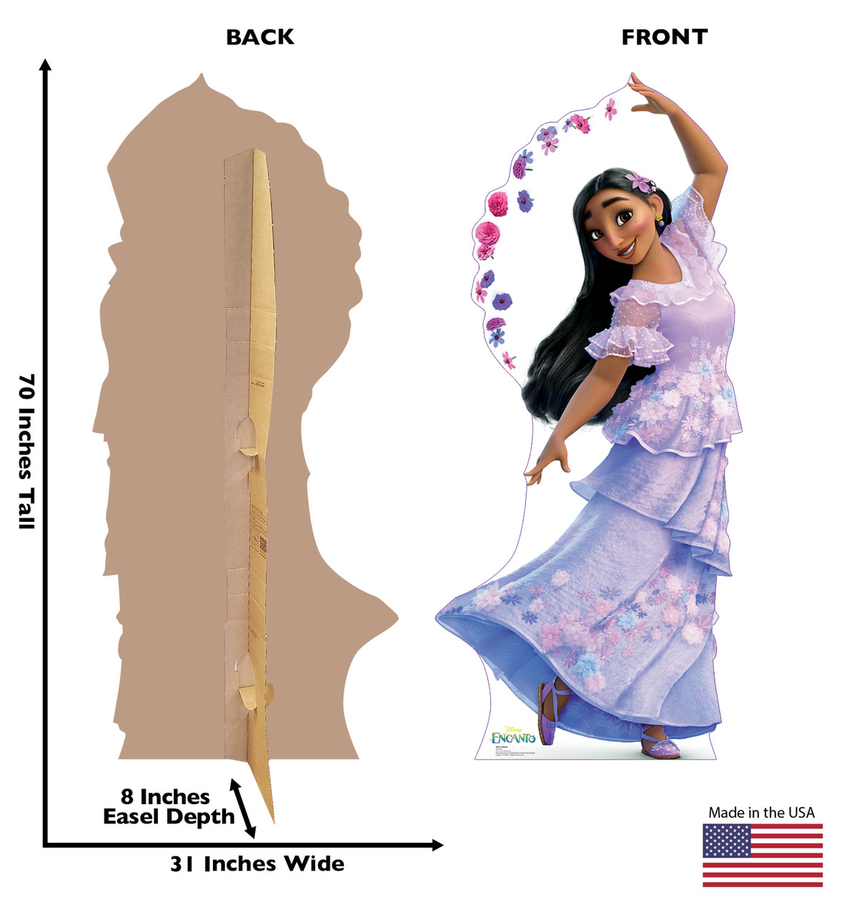 Life-size cardboard standee of Isabela from the Disney's movie Encanto with back and front dimensions.