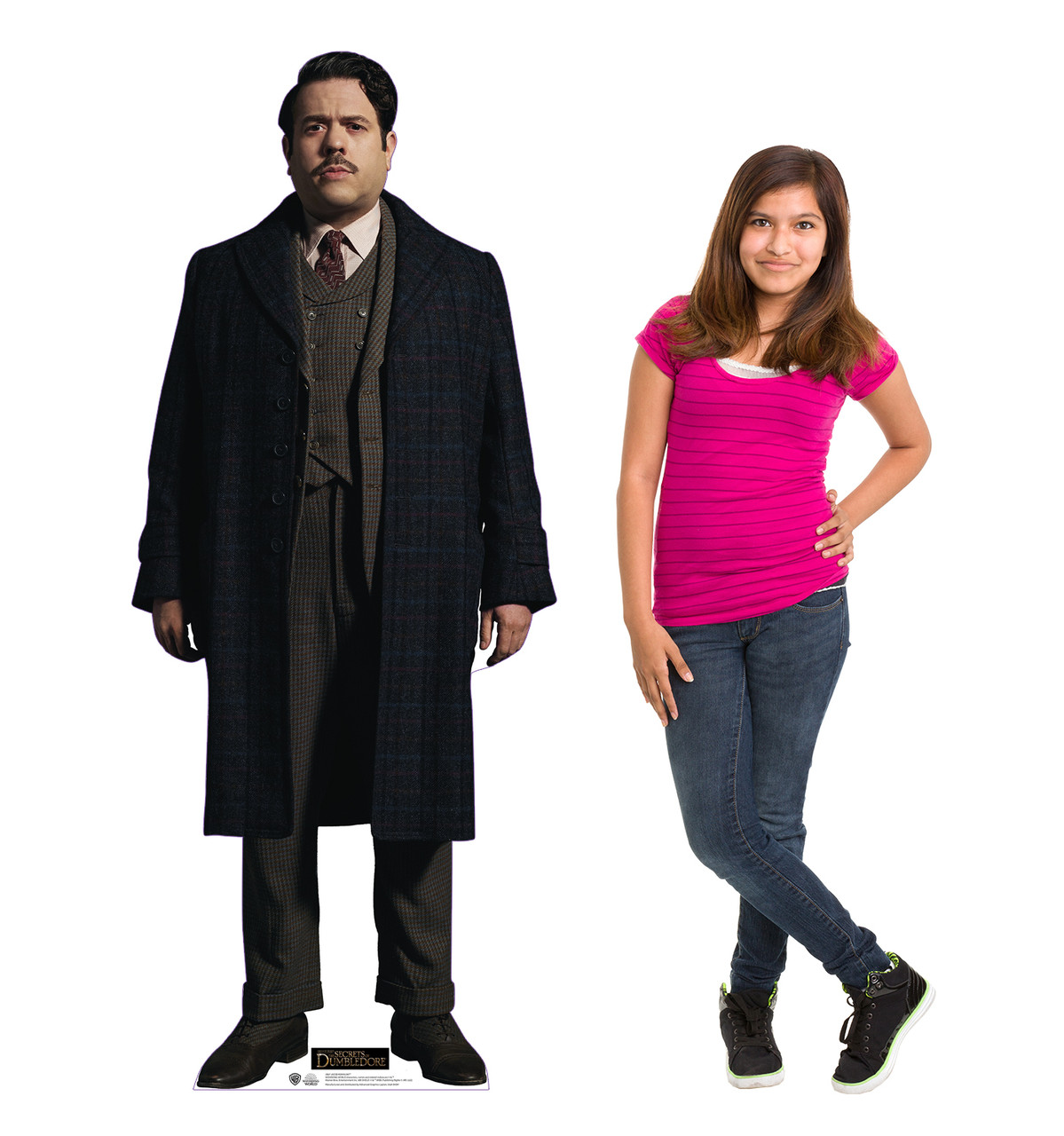 Life-size cardboard standee of Jacob Kowalski from Fantastic Beasts The Secrets of Dumbledore with model.