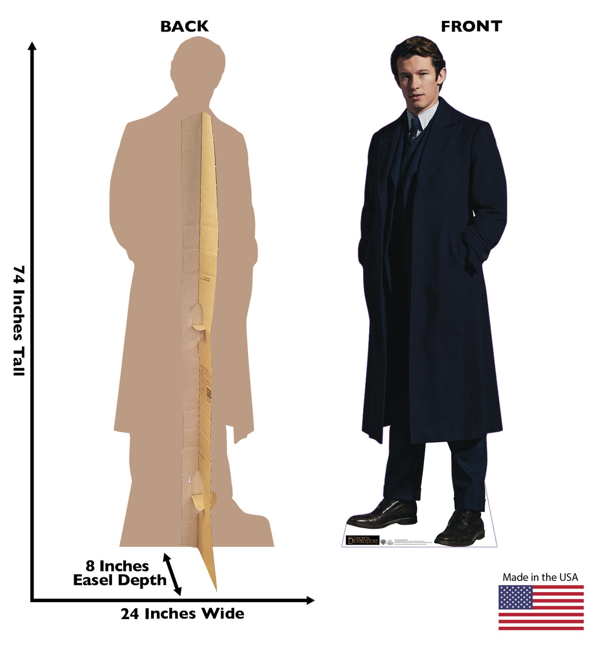 Life-size cardboard standee of Theseus Scamander from Fantastic Beasts The Secrets of Dumbledore with front and back dimensions.