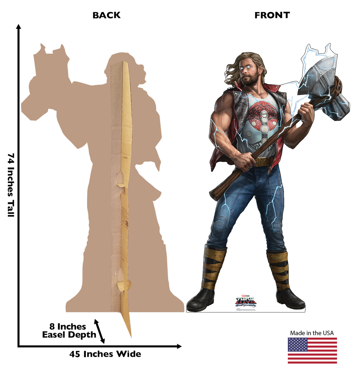 Life-size cardboard standee of Thor 2 from Marvel's movie Thor Love and Thunder with back and front dimensions.