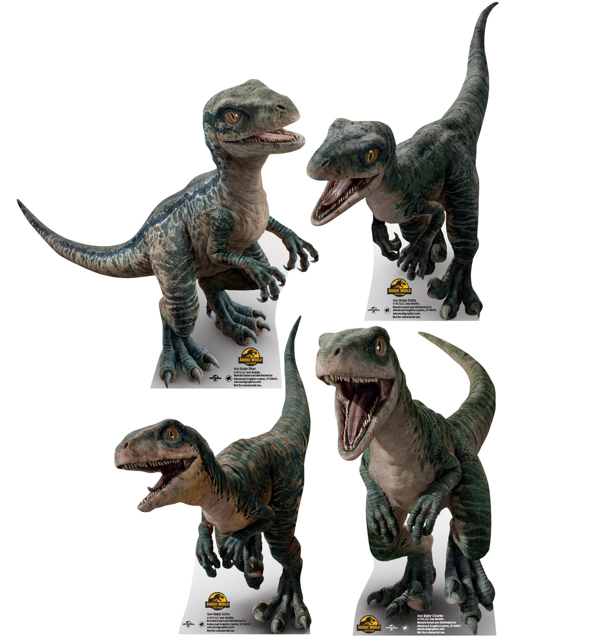 Mini Cardboard Standee of Baby Blue, Charlie, Delta and Echo from the movie Jurassic World Dominion.