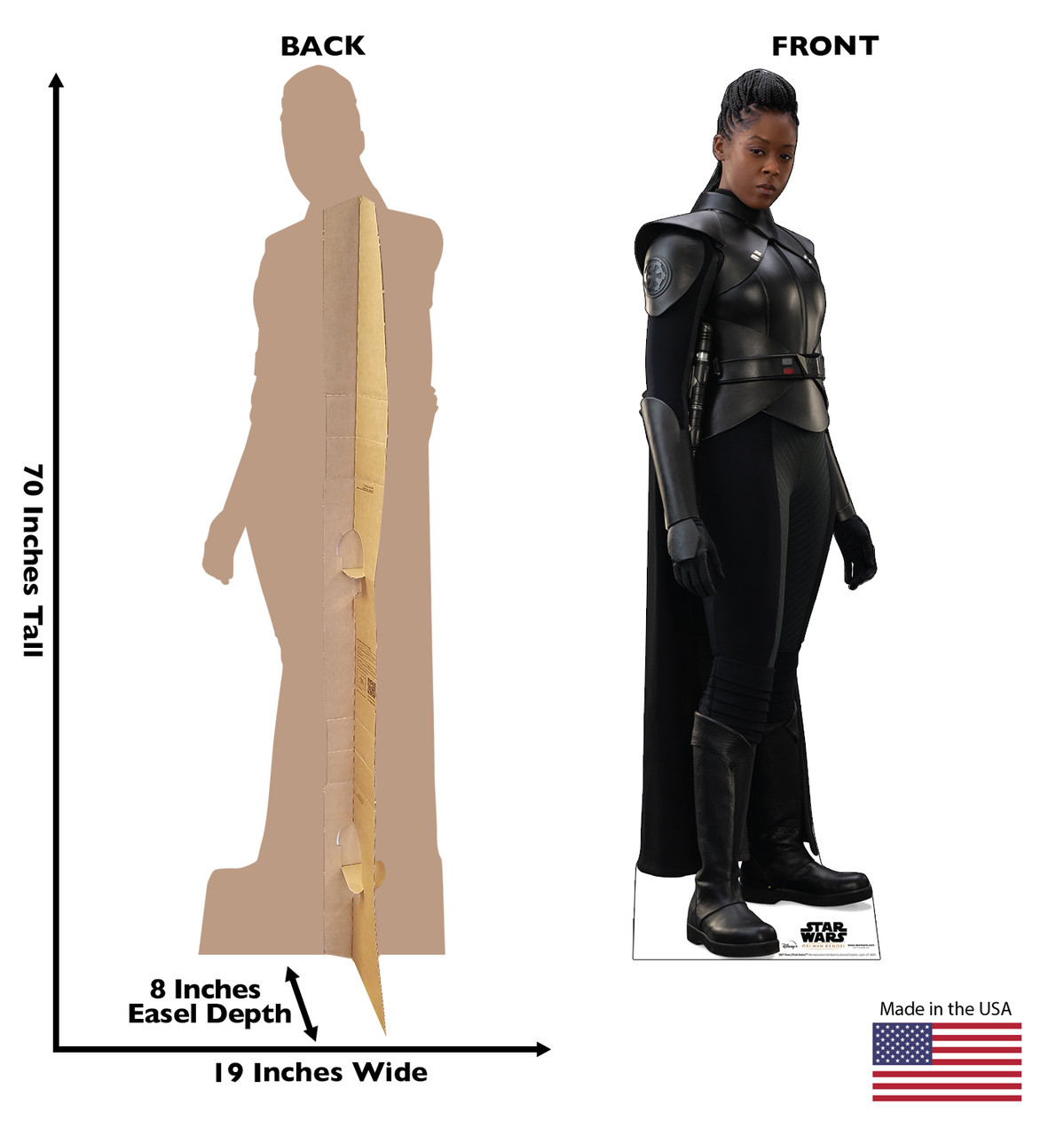 Life-size cardboard standee of Reva Third Sister from Star Wars Obi-Wan Kenobi Series on Disney Plus with back and front dimensions.