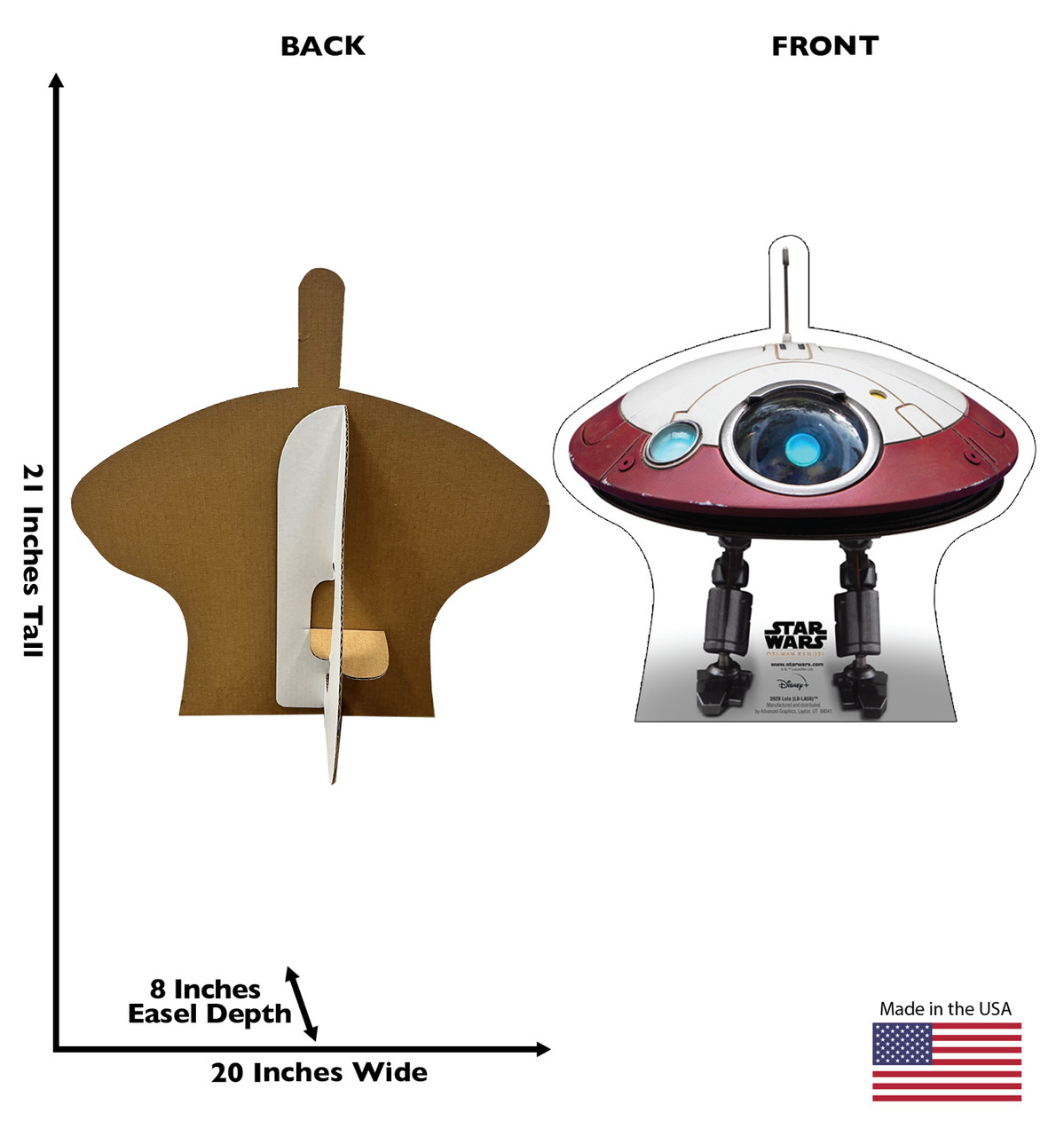 Life-size cardboard standee of Lola from Star Wars Obi-Wan Kenobi Series on Disney Plus with back and front dimensions.
