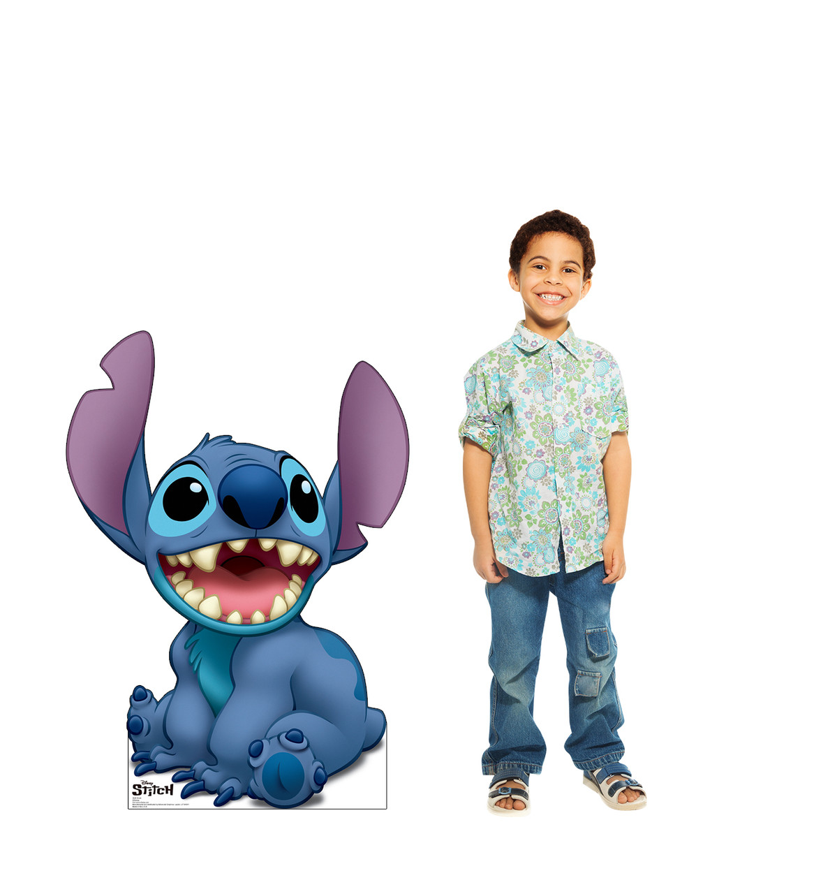 Life-size cardboard standee of Stitch from Disney + TV Series Stitch with model.