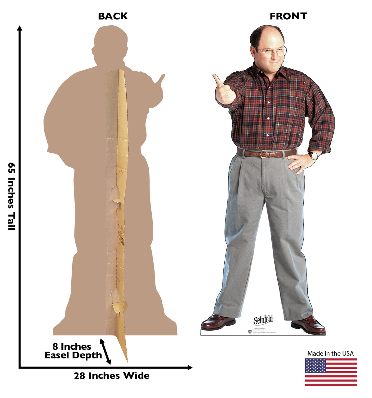Life-size cardboard standee of George Costanza from the Hit TV Series Seinfeld with back and front dimensions.