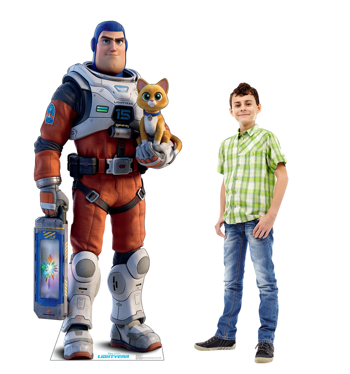 Life-size cardboard standee of Buzz and Sox from Disney/Pixar movie Lightyear with model.