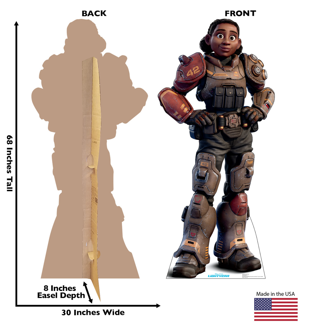 Life-size cardboard standee of Izzy-Zap Patroll from Disney/Pixar movie Lightyear with back and front dimensions.