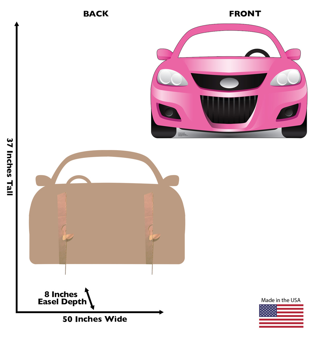 Life-size Cardboard standin of a 3955, pink sports car with back and front dimensions.