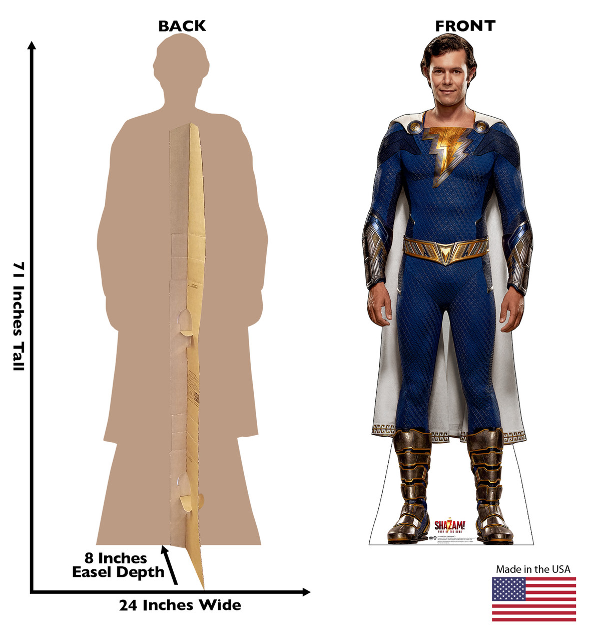 Life-size cardboard standee of Freddy Freeman from the new movie Shazam! Fury of the Gods with back and front dimensions.