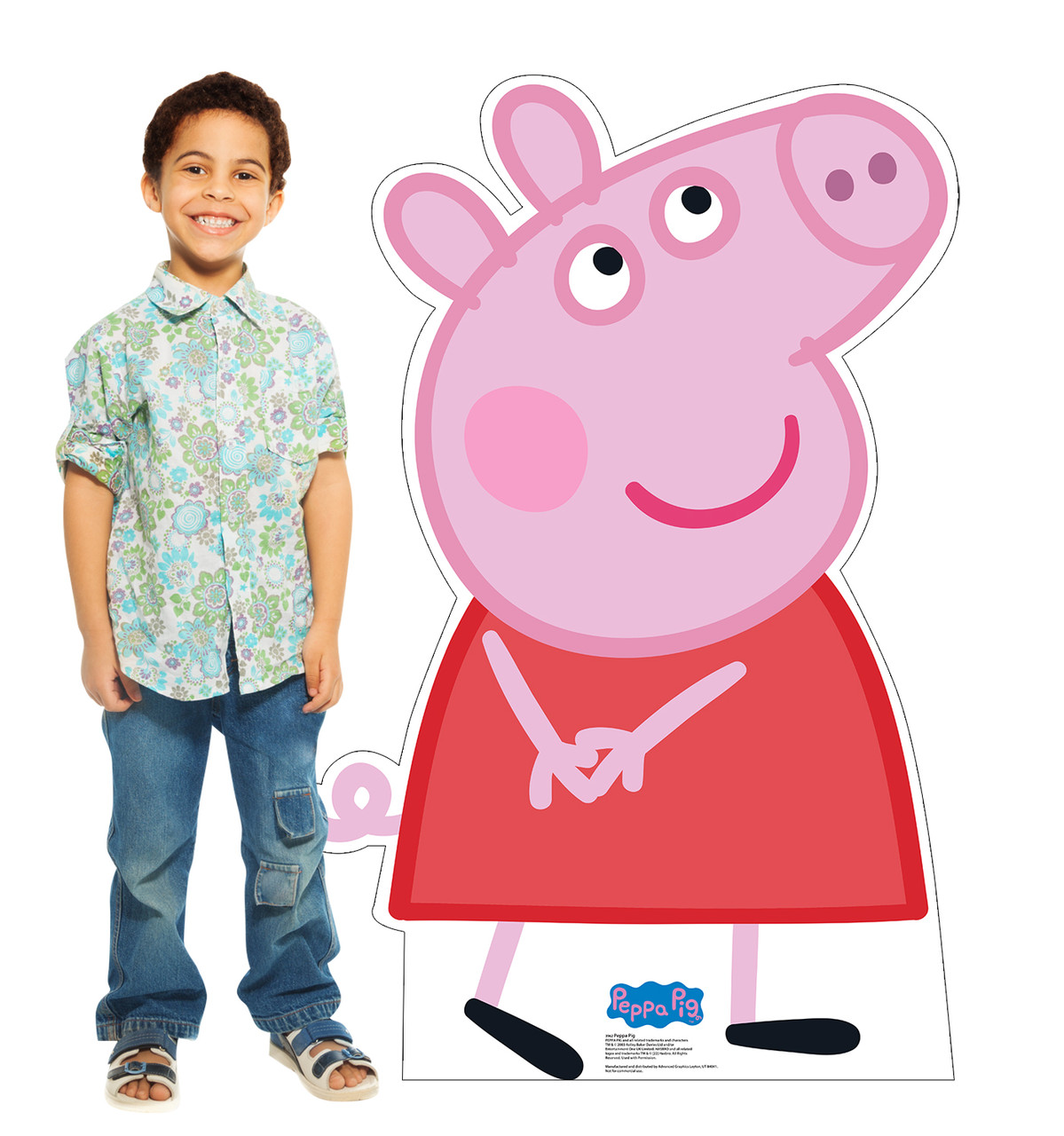 Life-size cardboard standee of Peppa Pig with model.