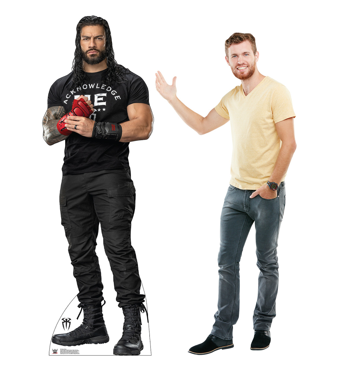 Life-size cardboard standee of Roman Reigns from the WWE with model.