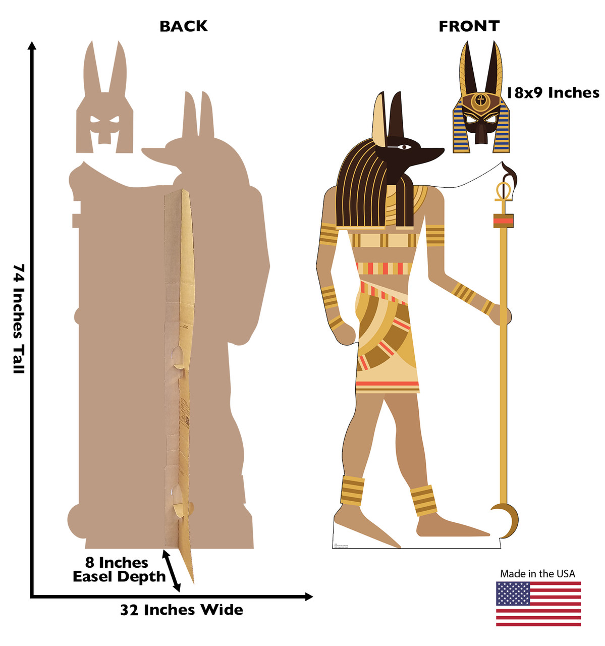 Life-size cardboard standee of Egyptian Anubis with Mask with back and front dimensions.