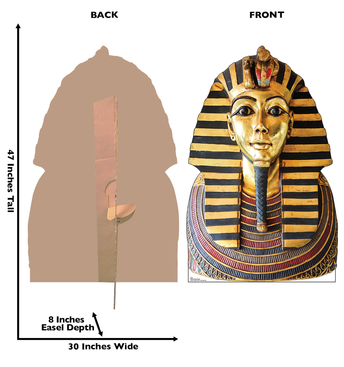 Life-size cardboard standee of King Tut Death Mask with back and front dimensions.