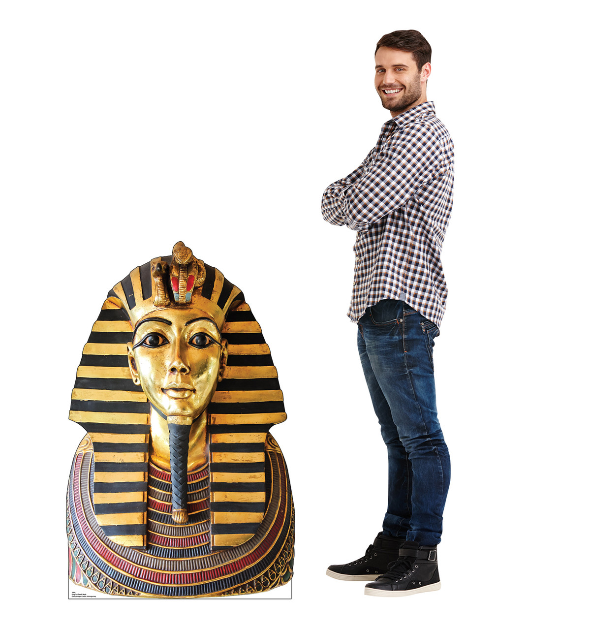 Life-size cardboard standee of King Tut Death Mask with model.