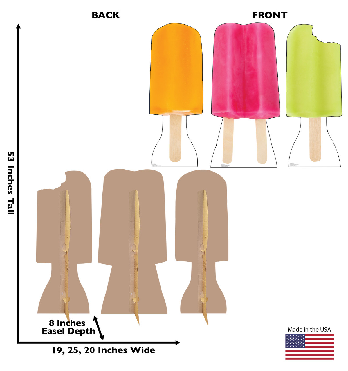 Life-size cardboard standees of Popsicle's (set of 3) with back and front dimensions.