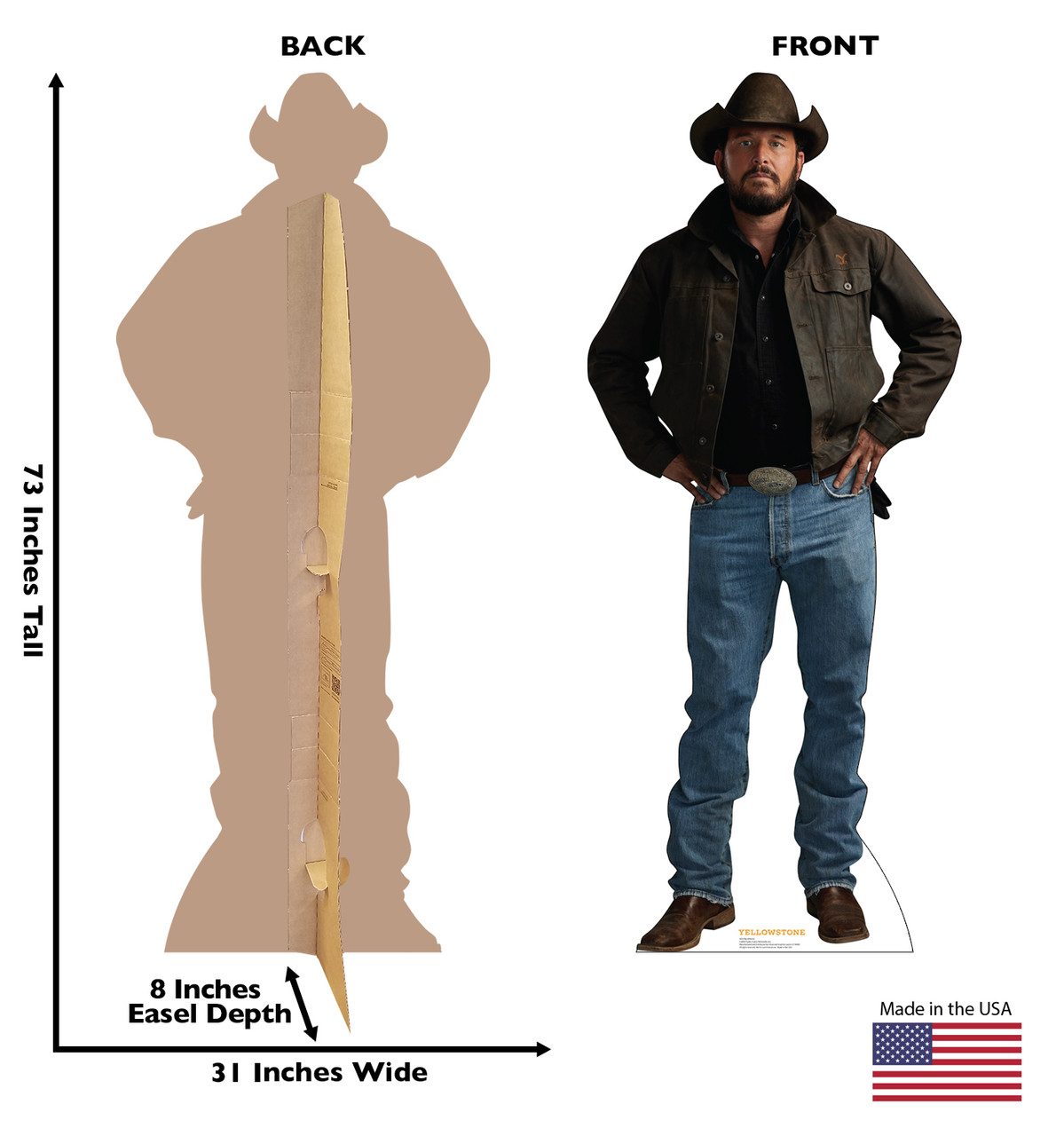 Life-size cardboard standee of Rip Wheeler from Yellowstone with back and front dimensions.