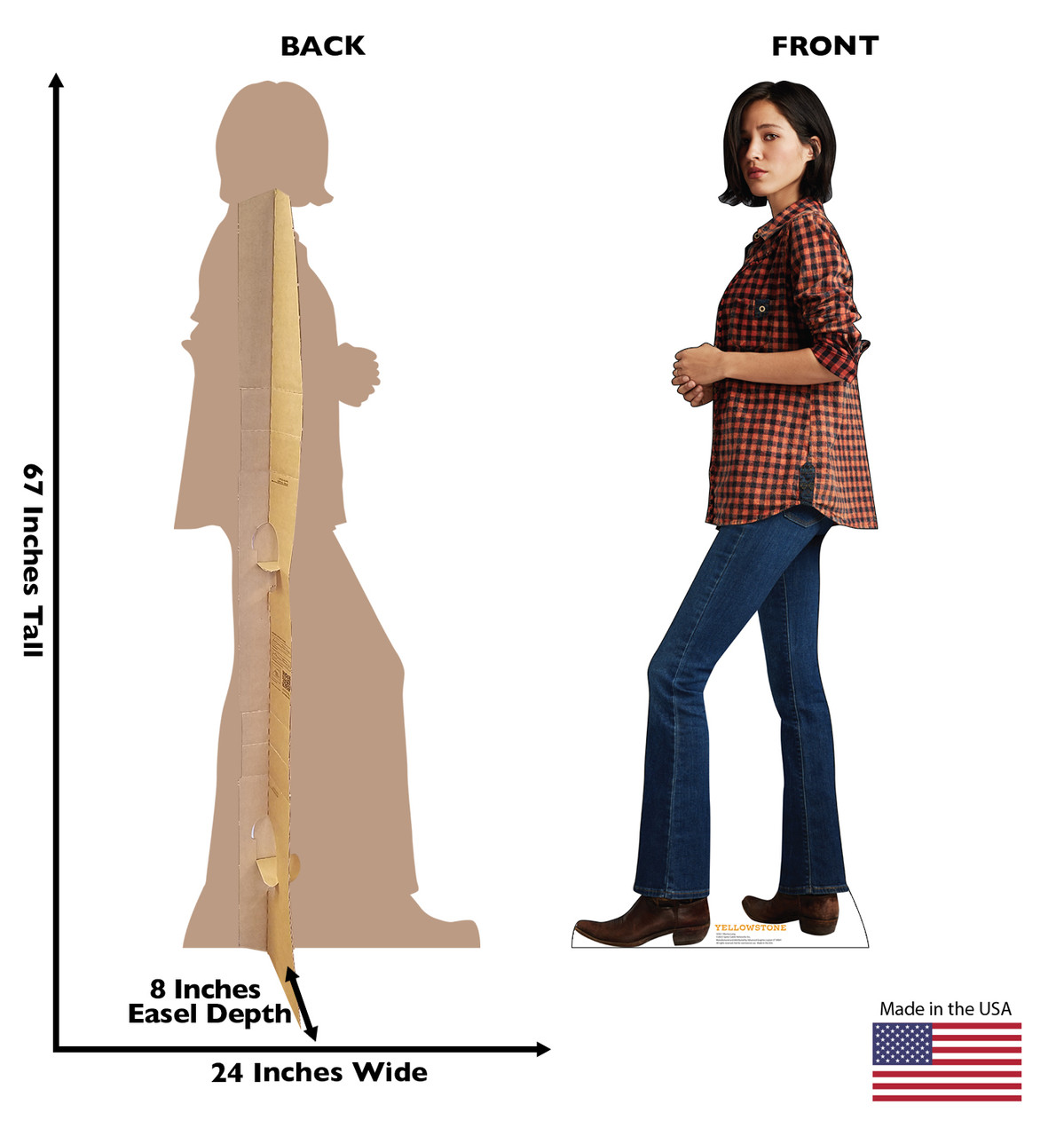 Life-size cardboard standee of Monica Long from Yellowstone with back and front dimensions.