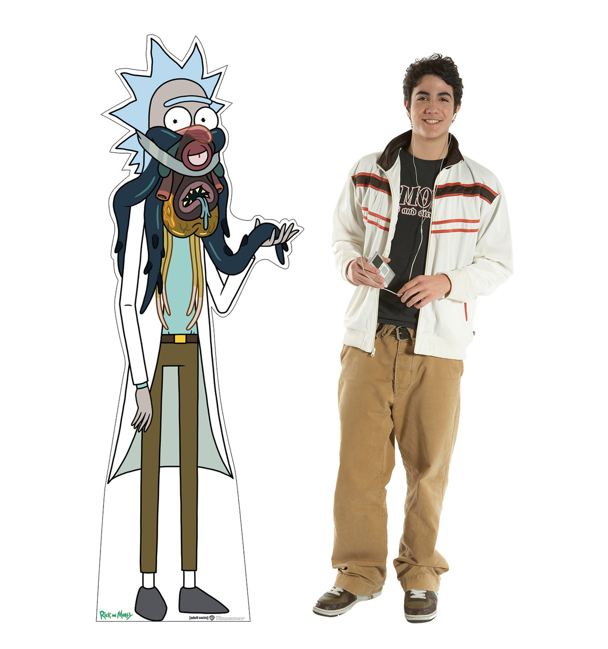 Life-size cardboard standee of Rick from the Rick and Morty TV series with model.